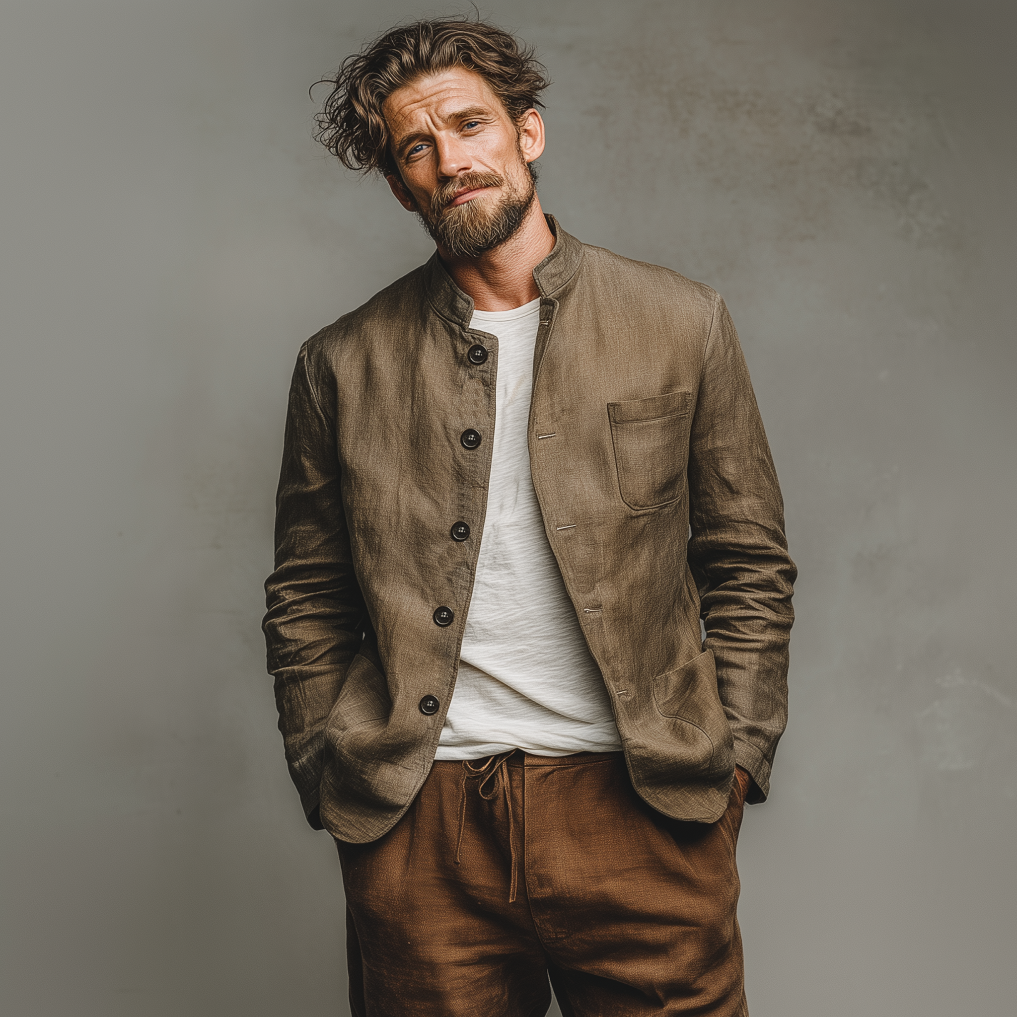 Men's Classic Casual Stand-up Collar Cotton And Linen Multi-pocket Thin Jacket MTA2596G7K
