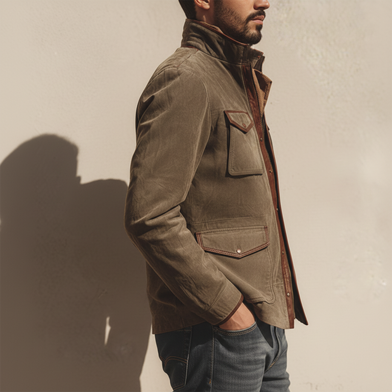 Men's Urban Stand Collar Suede And PU Leather Jacket MTA2578K3U