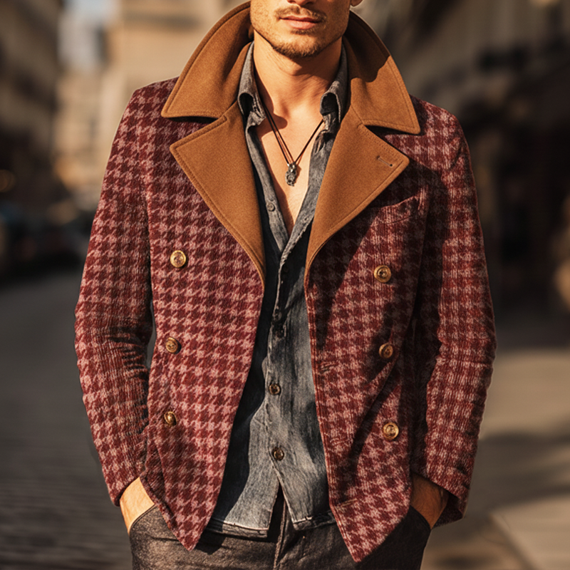Men's Vintage Houndstooth Faux Wool And Suede Double-Breasted Jacket MTA1611J7U