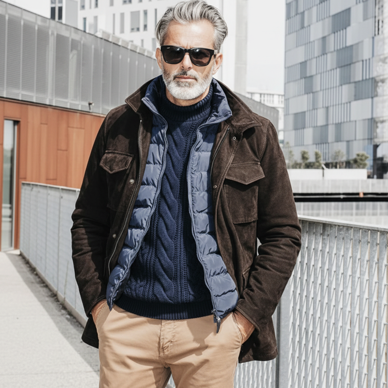 Men's Classic Dark Brown Lapel Zip-up Suede Jacket MTA1833K7U