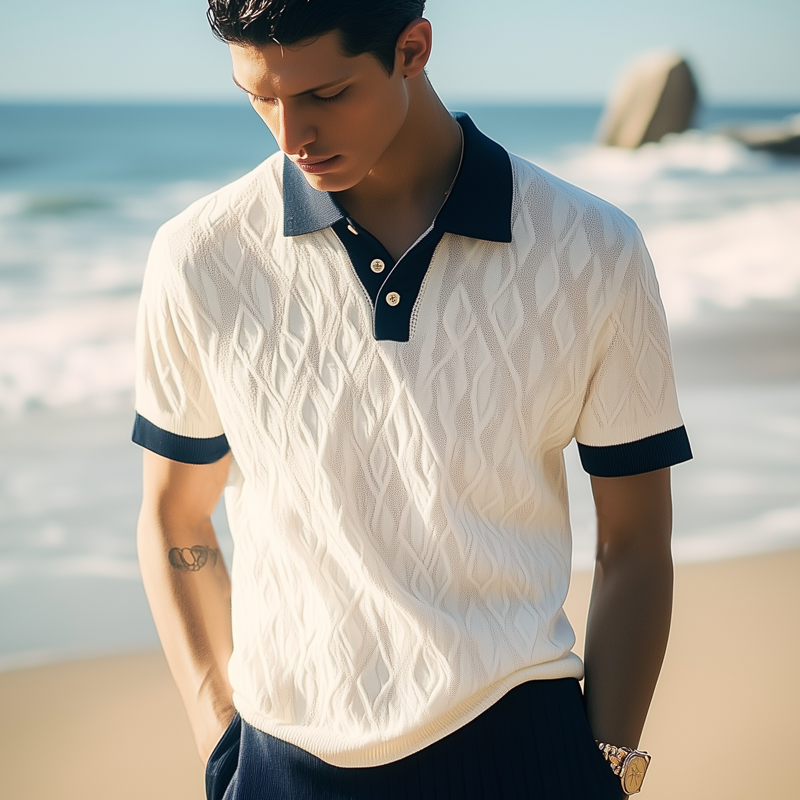 Men's Summer Classic Jacquard Knit Polo Neck Short Sleeve T-Shirt MTA0232G9U