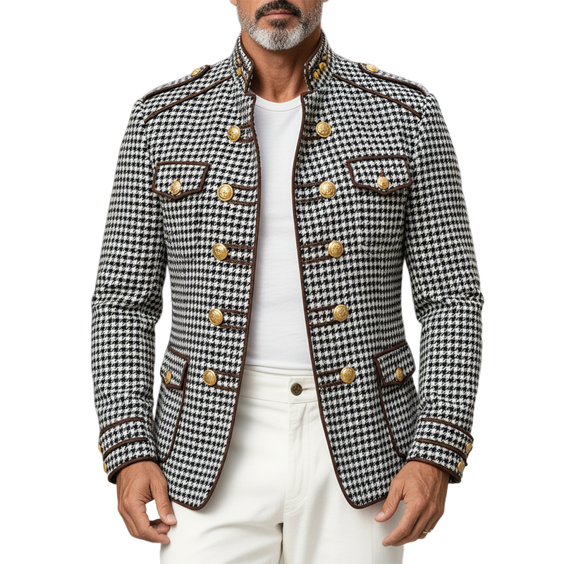 Men's Houndstooth Jacquard Stand Collar Button-decorated Slim-fit Jacket MTA0868K3X