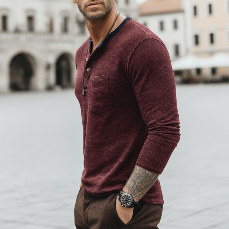 Men's Urban Casual Color-block Three-button Textured Henley Shirt MTA2242L3U