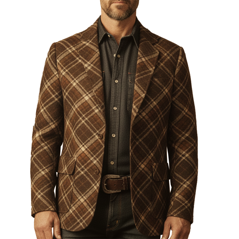 Men's Winter Retro Diamond Pattern Faux Wool Button Suit Jacket MTA2112K0P