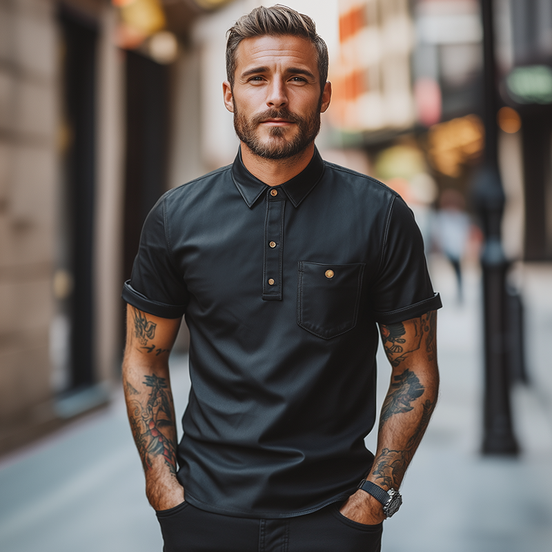 Men's Vintage Leather Lapel Short Sleeve T-Shirt MTA2606F2TO