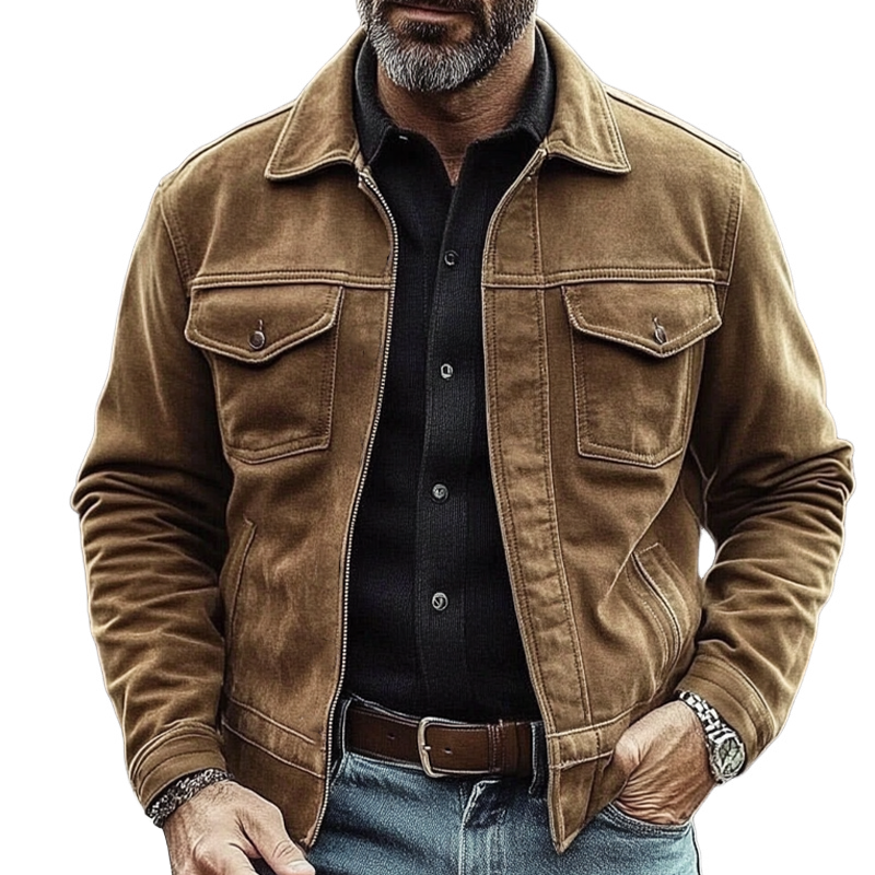 Men's Vintage Solid Color Western Cowboy Style Faux Suede Lapel Zipper Jacket MTA1143J4X