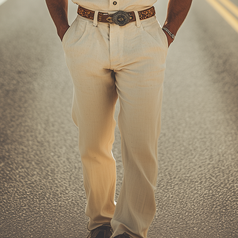 Men's Summer Fashion Retro Western Style Embroidered Cotton and Linen Jumpsuit (Without Belt) MTA2970D7K
