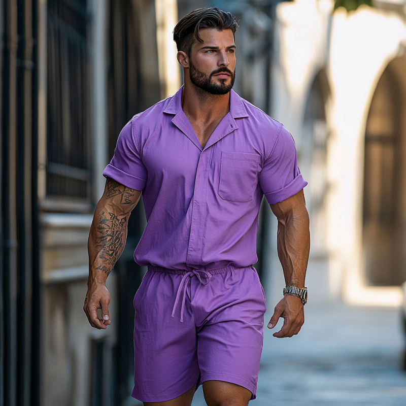 Men's Casual Breathable Cotton Lapel Patch Pocket Slim Fit Short Sleeve Shorts Jumpsuit MTA1342F0M