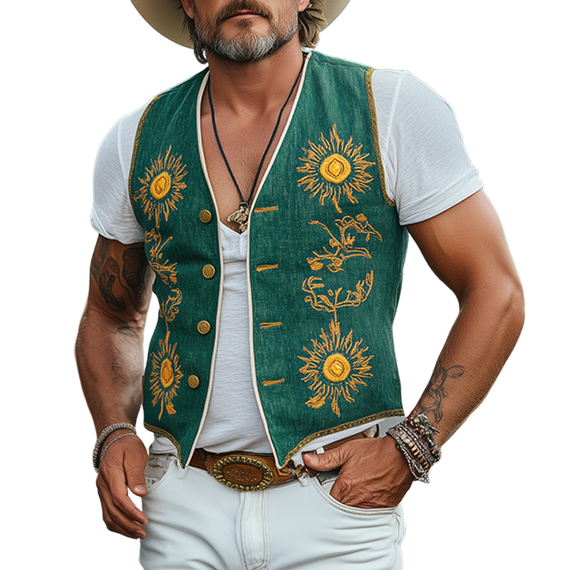 Men's Casual Retro American Western Style Cotton And Linen Embroidered Single Breasted Vest MTA1669F4K