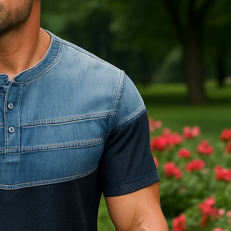 Men's Summer Fashion Denim Sports Fabric Patchwork Short Sleeve Henley Shirt MTA0567F9P