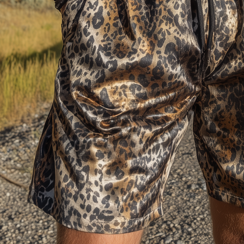Men's Fashion Casual Leopard Print Satin Elastic Waist Shorts MTA1437G8K