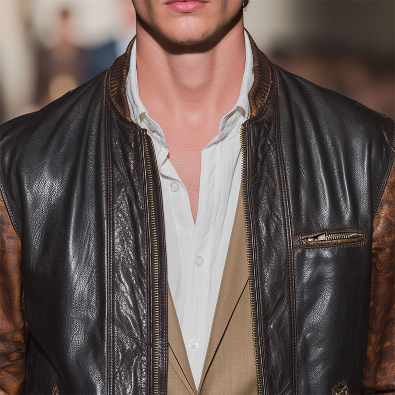 Men's Winter Fashion Contrast Color Stitching PU Leather Jacket MTA1418J2P