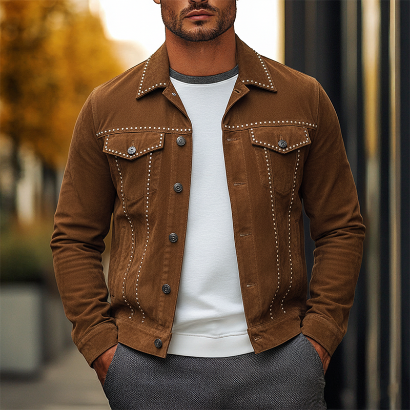Men's Vintage Studded Faux Suede Lapel Jacket MTA1488J5X