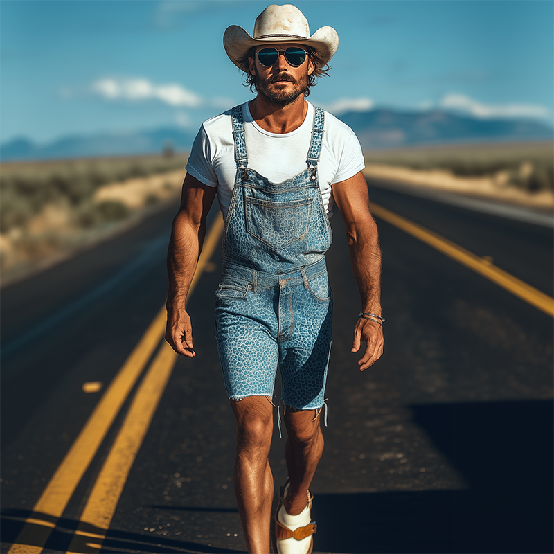 Men's Spring And Summer Fashion Personality Retro Western Cowboy Style Washed Denim Leopard Print Knee-length Overalls MTA1361E5K