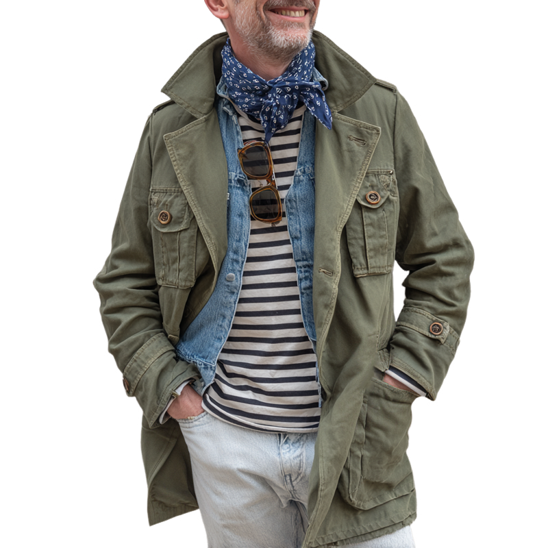 Men's Washed Distressed Military Style Lapel Multi-pocket Single Breasted Jacket MTA0561I8Z