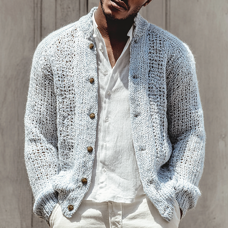 Men's Solid Color Openwork Stand Collar Single Br Easted Cardigan MTA0408I6Z