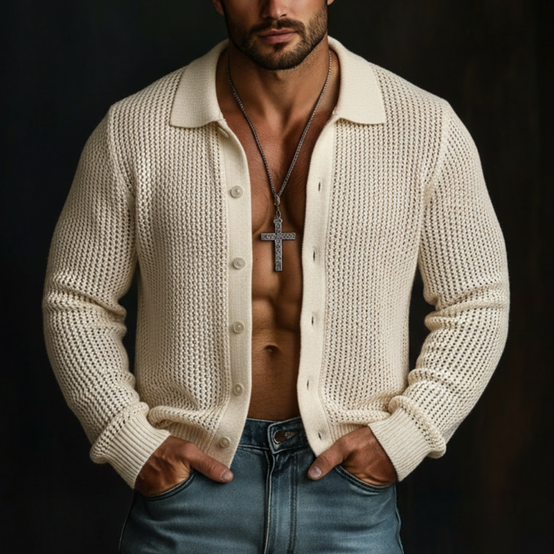 Men's Spring Fashion Cotton Yarn Knitted Openwork Button-up Cardigan MTZ0942A8P