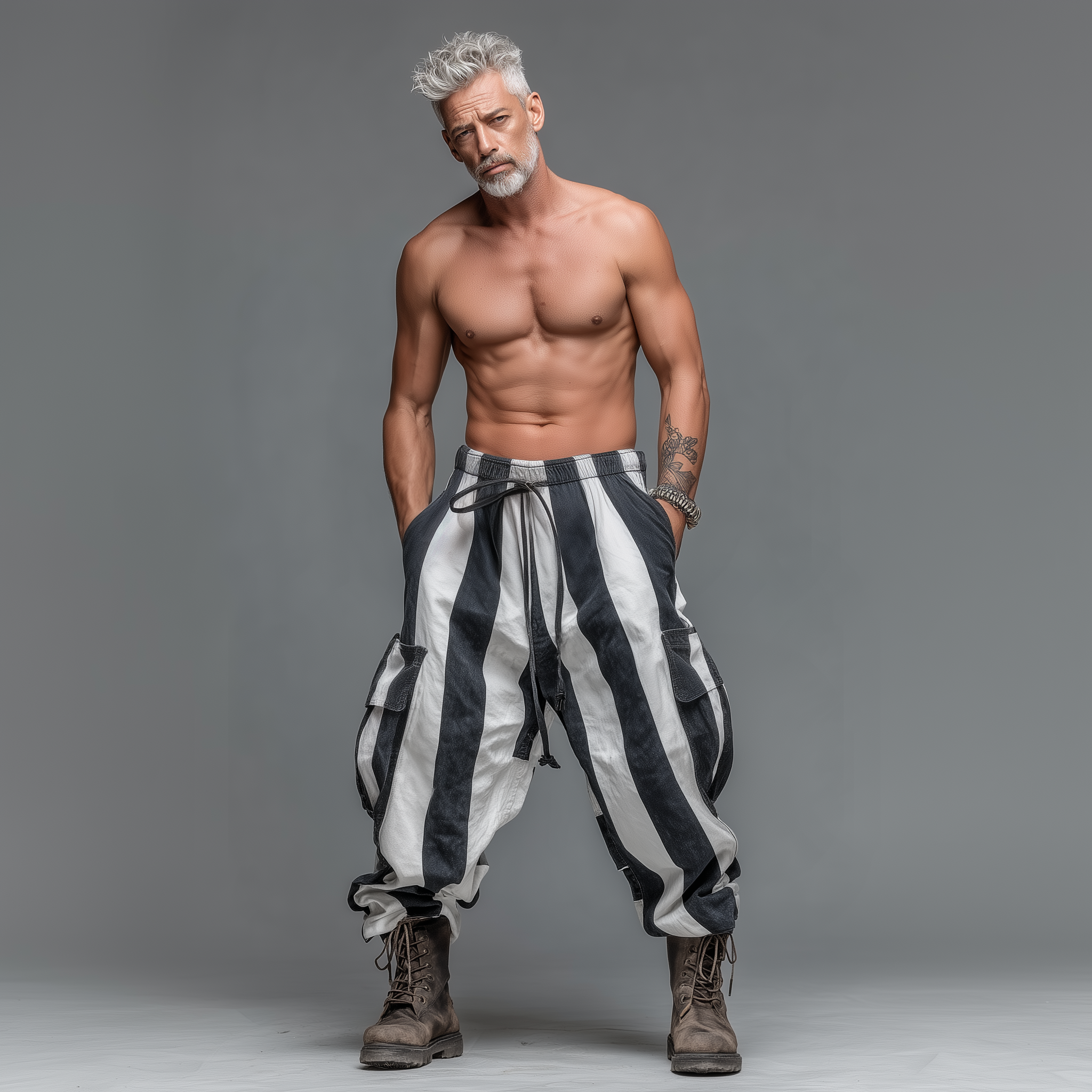 Men's Casual Black And White Striped Blend Elastic Waist Cargo Pants MTA2971J9K