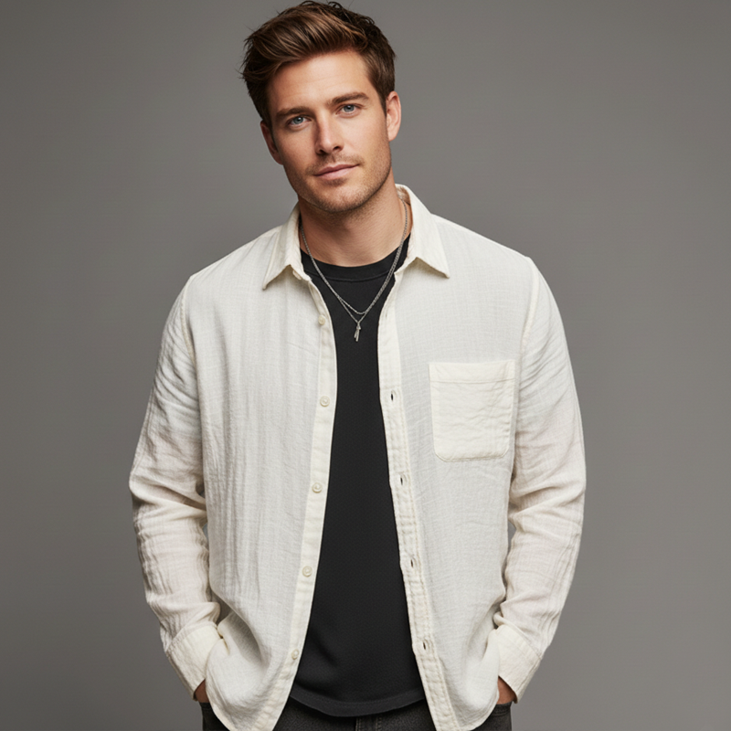 Men's Basic Solid Color Slightly Wrinkled Textured Casual Long-sleeved Shirt MTZ1677A2U