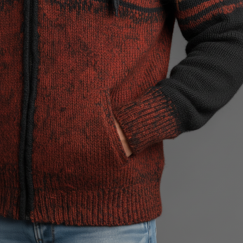 Men's Winter Retro Contrast Color Knitted Jacquard Cotton Yarn Hooded Cardigan MTA2346J1P