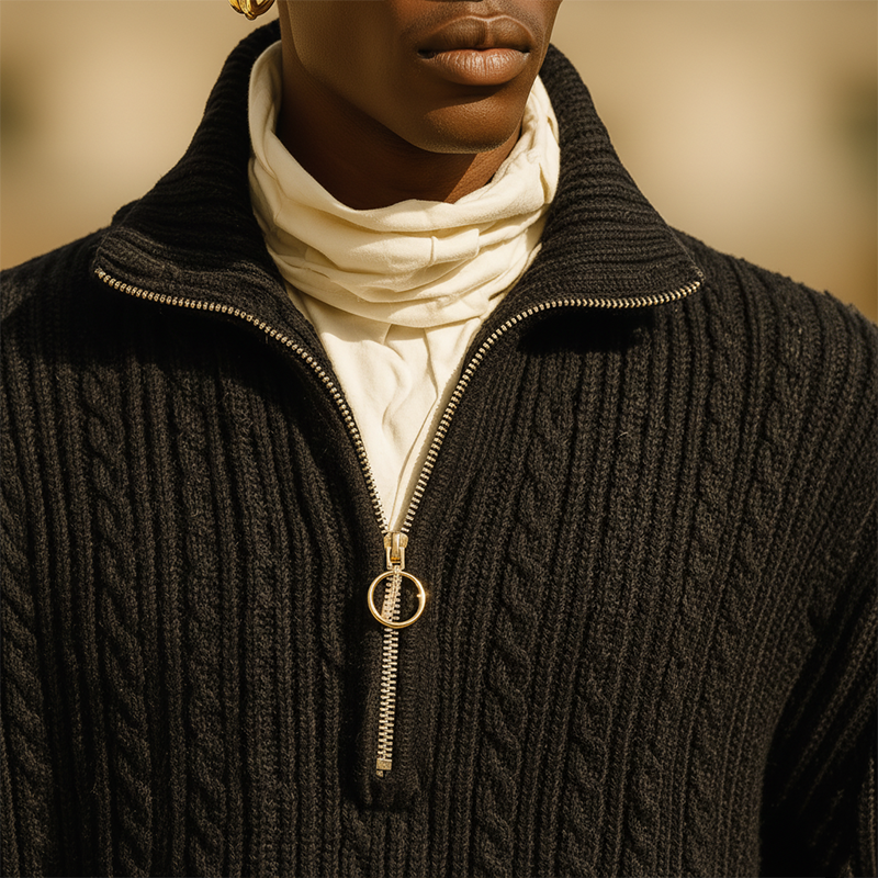 Men's Winter Vintage Cable-Pattern Cotton Knit Zipper Sweater MTA1477J5P