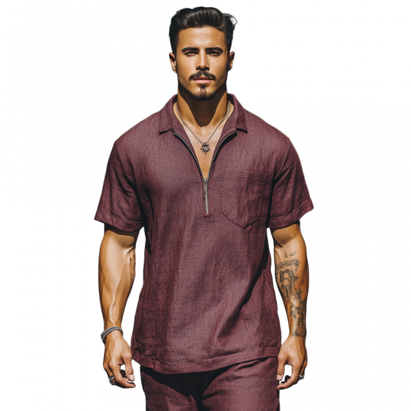 Men's Casual Breathable Linen Zipper Lapel Patch Pocket Loose Short Sleeve Polo Shirt MTA2375E4M