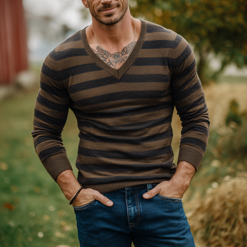 Men's Vintage Contrast Striped V-Neck Slim Fit Knit Pullover Sweater MTA1813H3M