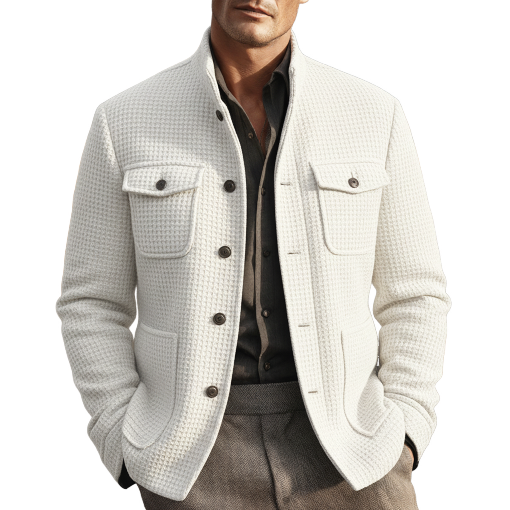 Men's Classic Retro Stand Collar Multi-pocket Waffle Jacket MTA2500J8K