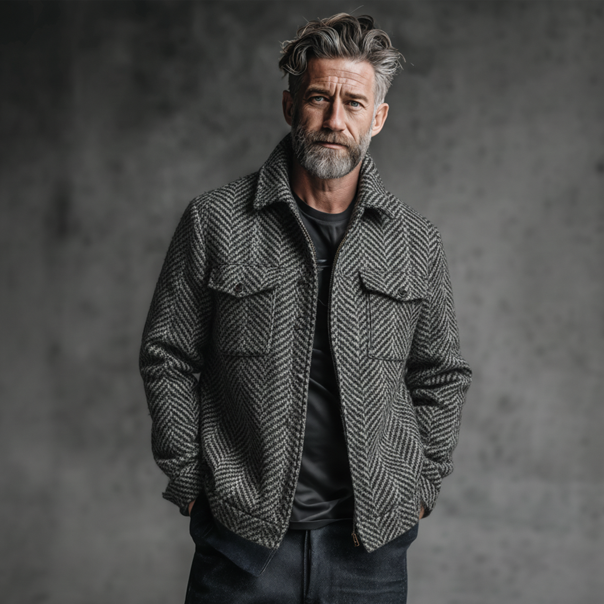 Men's Classic Casual Lapel Faux Herringbone Wool Zipper Jacket MTA1312J5K