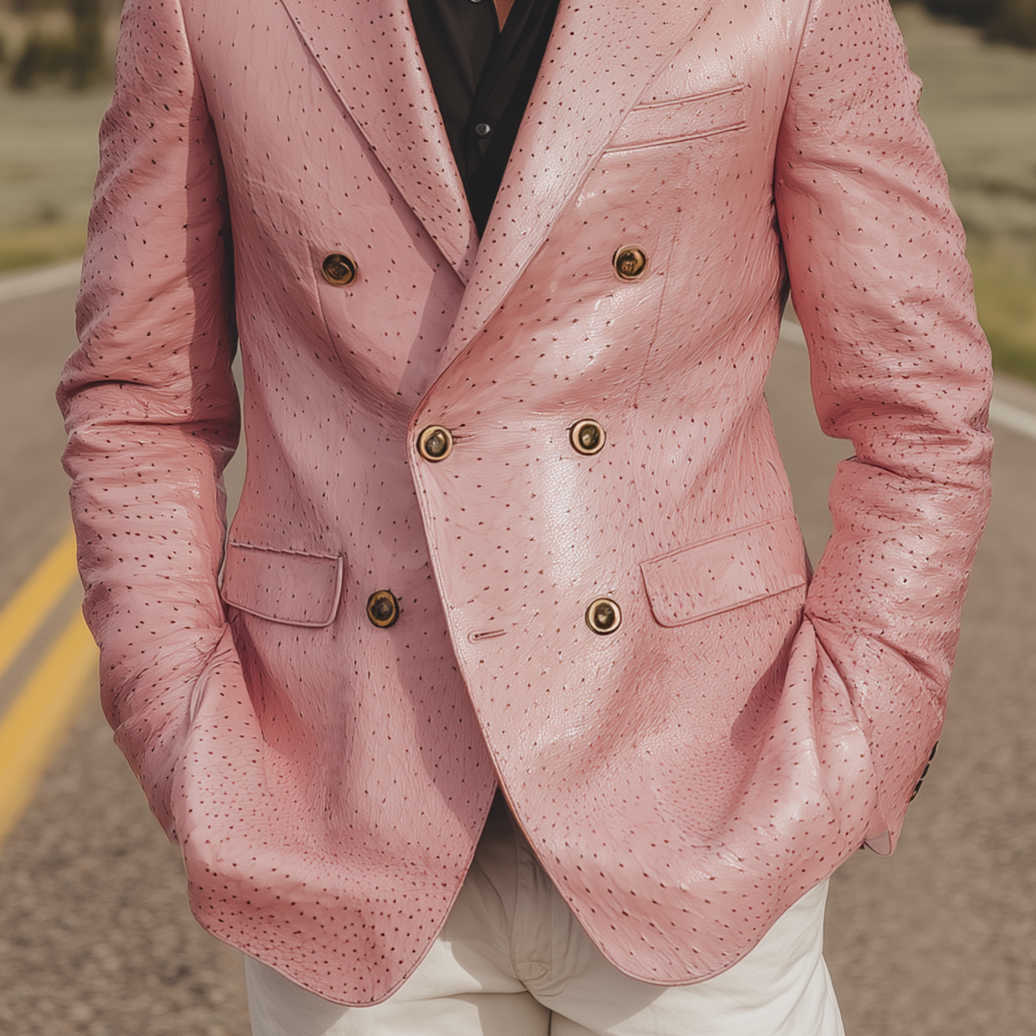 Men's Classic American Retro Pink Textured PU Leather Slim Double-breasted Blazer MTA1673H5K