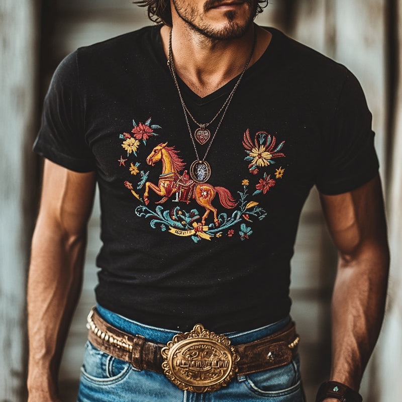 Men's Western Cowboy Style Embroidered Short Sleeve T-Shirt MTA2049E7X