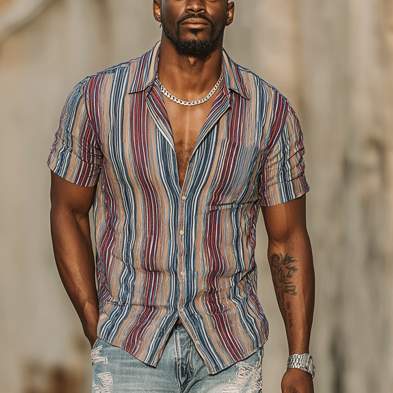 Men's Summer Cotton Blend Fashion Stripe Print Short Sleeve Shirt MTA1402G1P