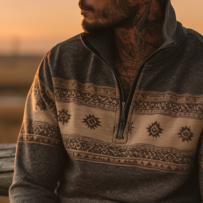 Men's Retro Casual Western Style Geometric Print Zipper Neck Sweatshirt MTA2178H0TO