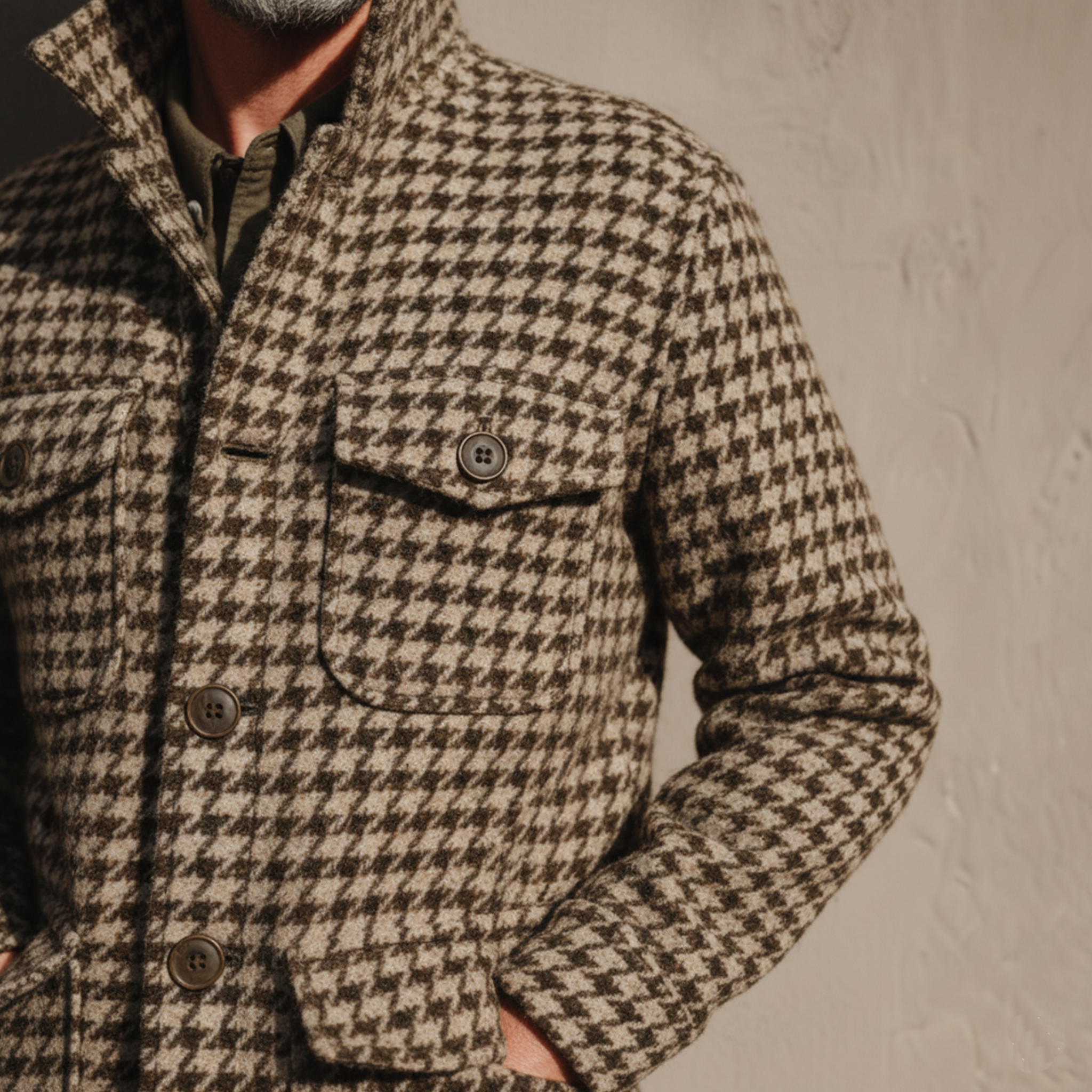 Men's Classic Retro Stand Collar Multi-pocket Faux Houndstooth Woolen Jacket MTA2964I6K