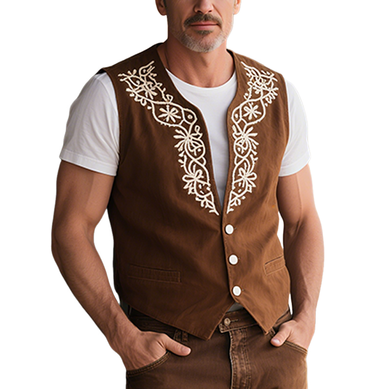Men's Spring And Summer American Retro Western Style Thin Suede Embroidered Vest MTA1767F6K