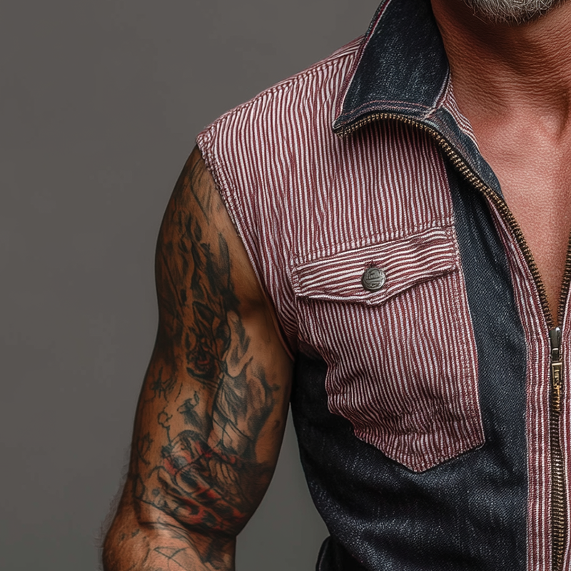 Men's Summer Retro Stitching Sleeveless Zipper Shirt MTA1475G3P