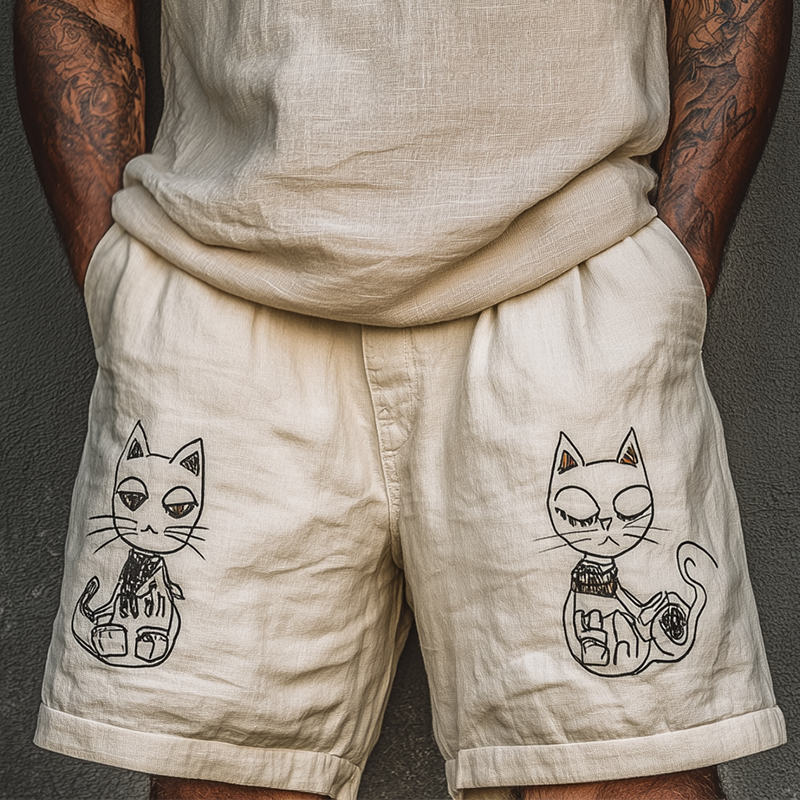 Men's Summer Fashion Cat Print Linen Blend Casual Shorts MTA2044F2P