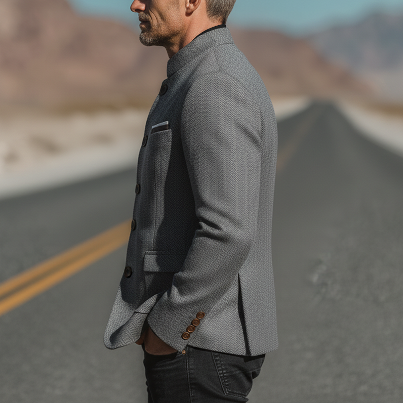 Men's Winter Fashionable Herringbone Faux Wool Stand Collar Jacket MTA2471I5P