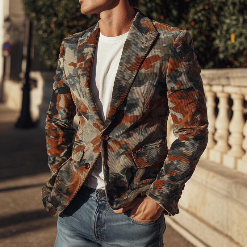 Men's Stylish Vintage Contrast Camouflage Corduroy Peaked Lapel Single-breasted Slim-fit Blazer MTA0733H4M