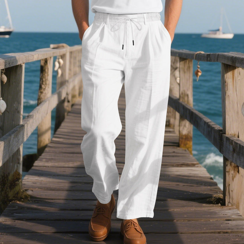 Men's Solid Color Cotton And Linen Holiday Elastic Waist Casual Pants MTA1606E9X