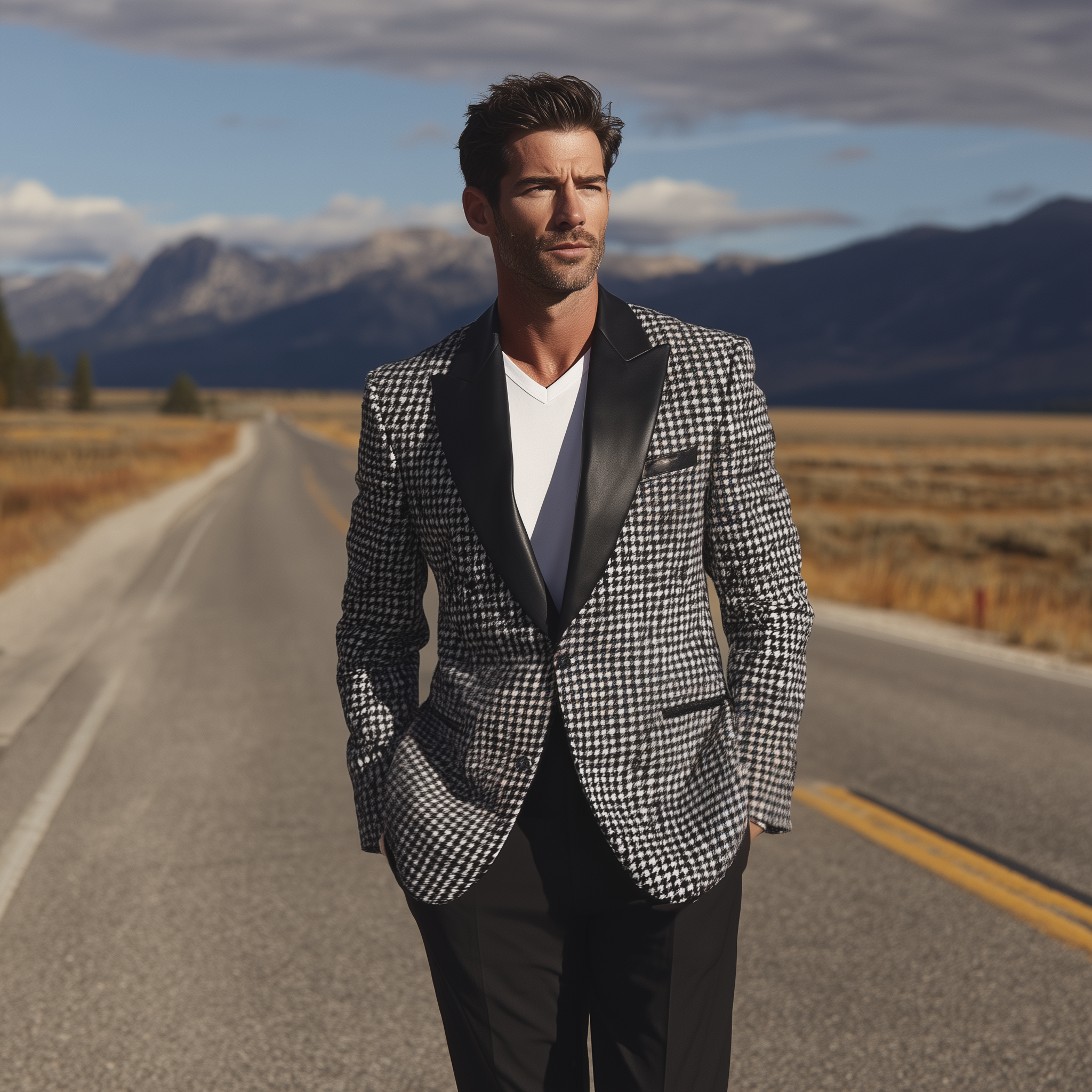 Men's Classic Casual And Light Business PU Leather Collar Single-breasted Houndstooth Slim-fit Blazer MTA0907I3K