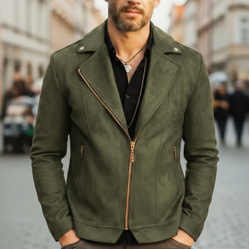 Men's Classic Army Green Faux Suede Zip-up Jacket MTZ1464A4U