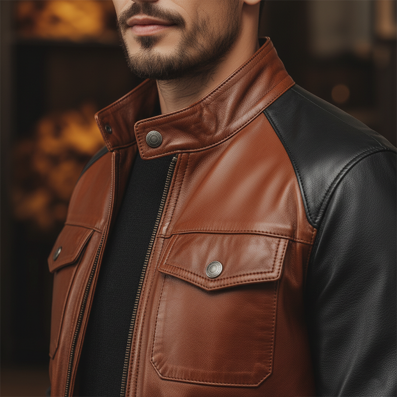 Men's Winter Retro Contrast Color Stitching PU Faux Leather Jacket MTA2342J8P