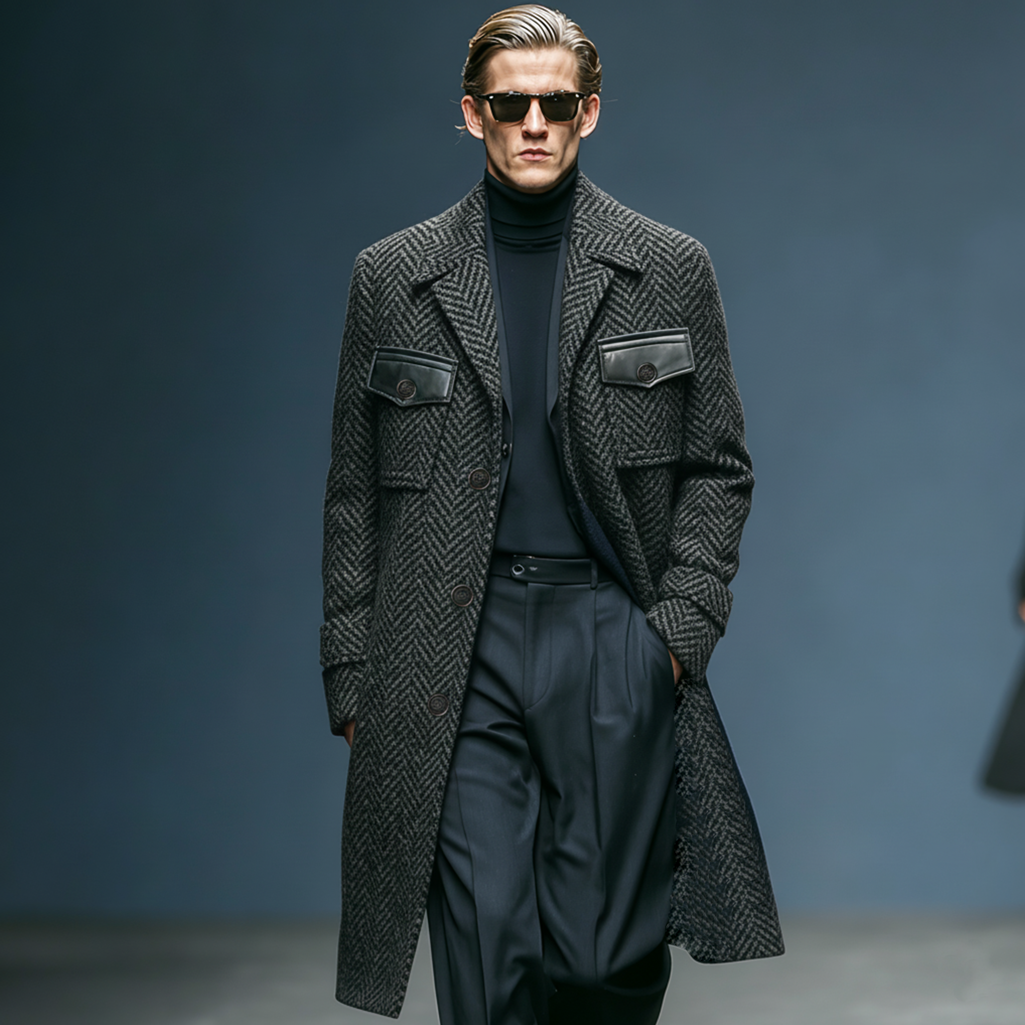 Men's Classic Light Business Lapel Pocket PU Leather Knee-length Faux Herringbone Wool Coat MTA1193J6K