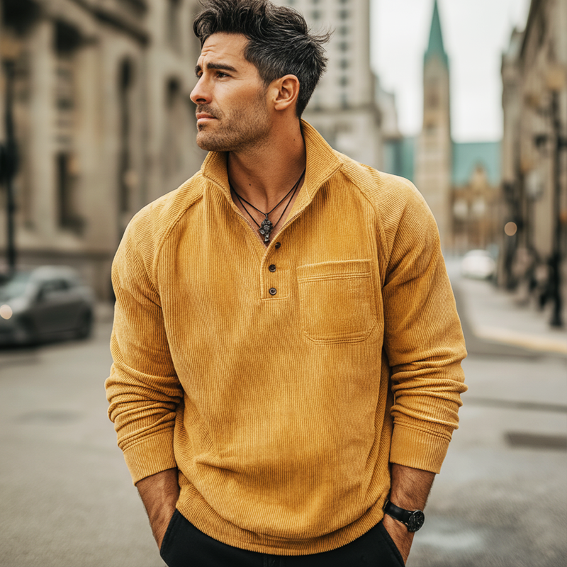 Men's Minimalist Modern Mustard Yellow Corduroy Casual Sweatshirt MTA1122L4U