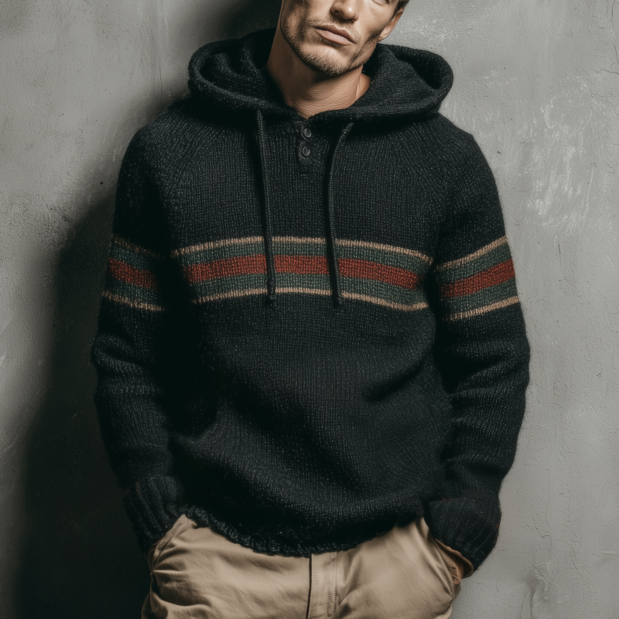 Men's Classic Casual Contrast Color Horizontal Stripe Patchwork Hooded Sweater MTA2918I5K