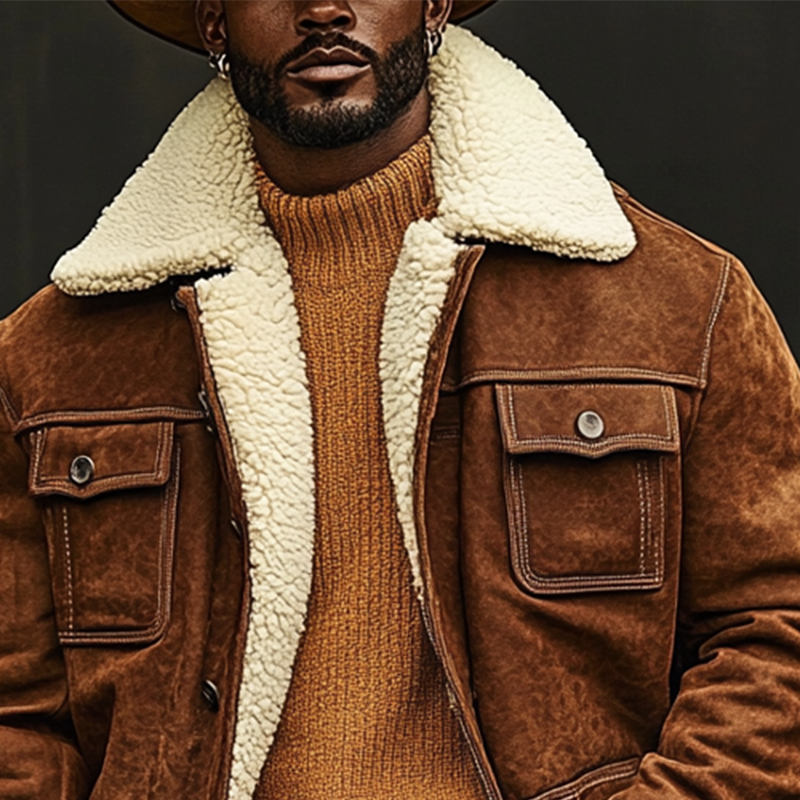 Men's Western Retro Lapel Splicing Polar Fleece Lapel Mid-Length Coat MTA1136J7X