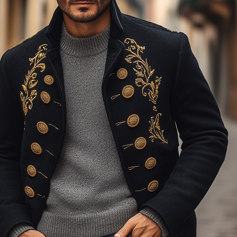 Men's Blended Stand Collar Gold Embroidery Double-breasted Jacket MTA2301I6X