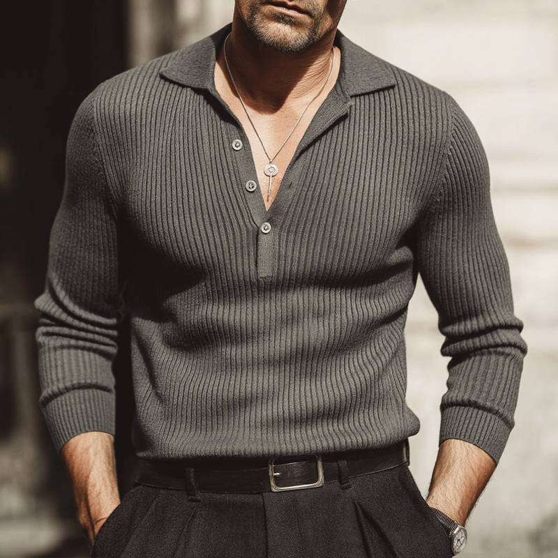 Men's Classic Urban Striped Three-button Polo Collar Slim-fit Knitted Sweater MTA1734L5U