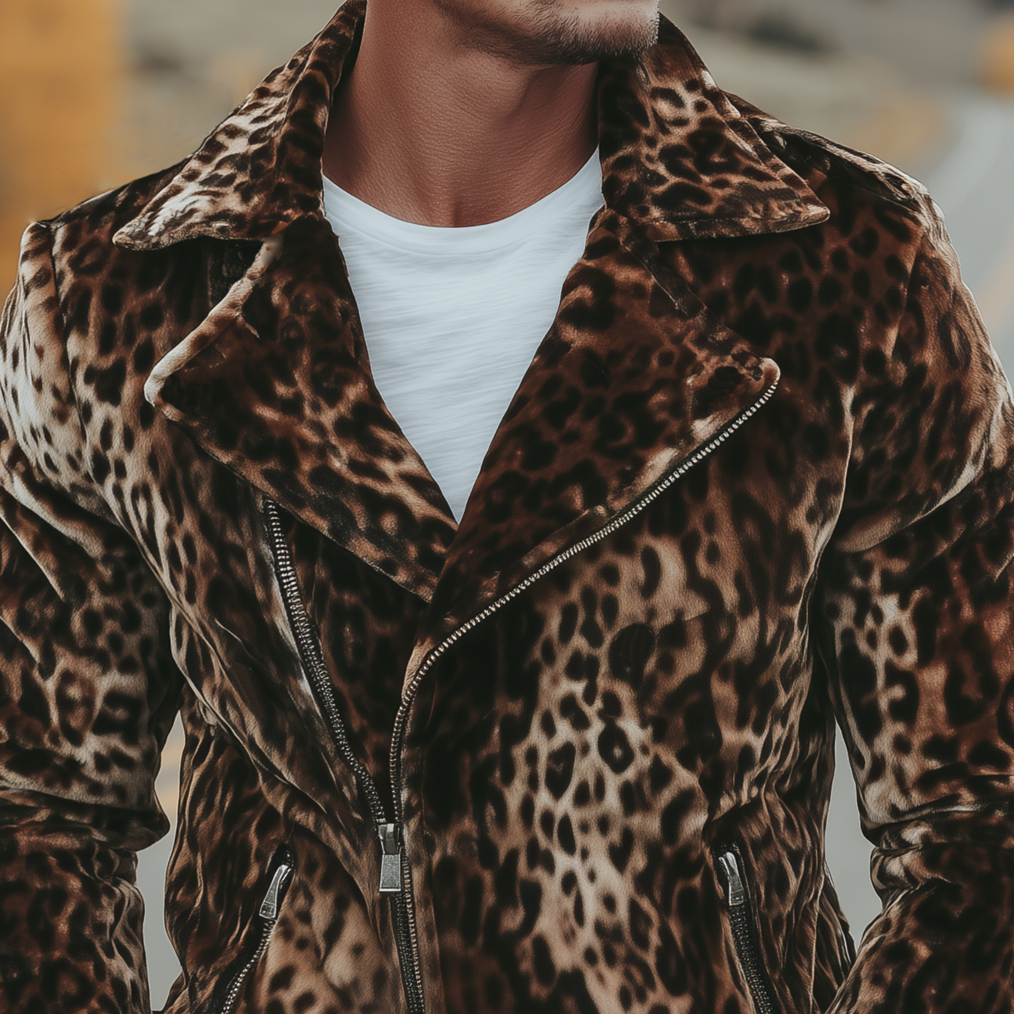 Men's Classic Casual Western Leopard Print Velvet Motorcycle Jacket MTA2833H2K